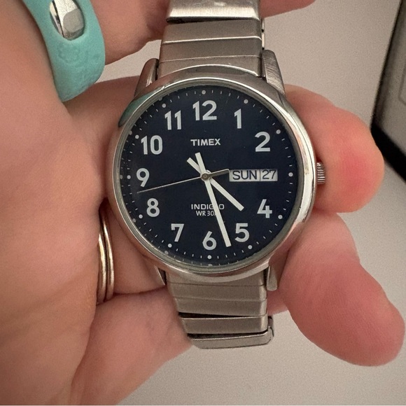 Timex Navy Blue Dial Day Date Easy Read Indiglo Stainless Steel Expansion Band - Picture 7 of 8